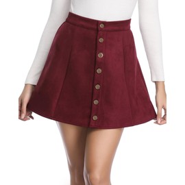 Fuinloth Women's Faux Suede Skirt Button Closure A-Line High Wasit Mini Short Skirt 2023 Wine Large (US 12-14)