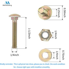 Metalsuberg 1/4" x 1-1/2" Carriage Bolt by Color Galvanization of Square Neck with Nylon Lock nut and Large Size Washer Assortment Kit,Carbon Steel,Grade 2.(8pcs Pack)