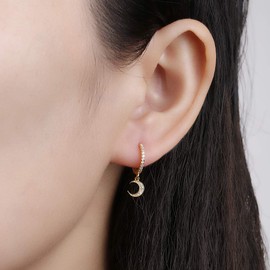 Moon Star Hoop Dangle Earrings for Women, Small Huggie Hoop Earring with Cubic Zirconia Charm, 14K Gold Plated Sterling Silver Drop Earrings (Gold)