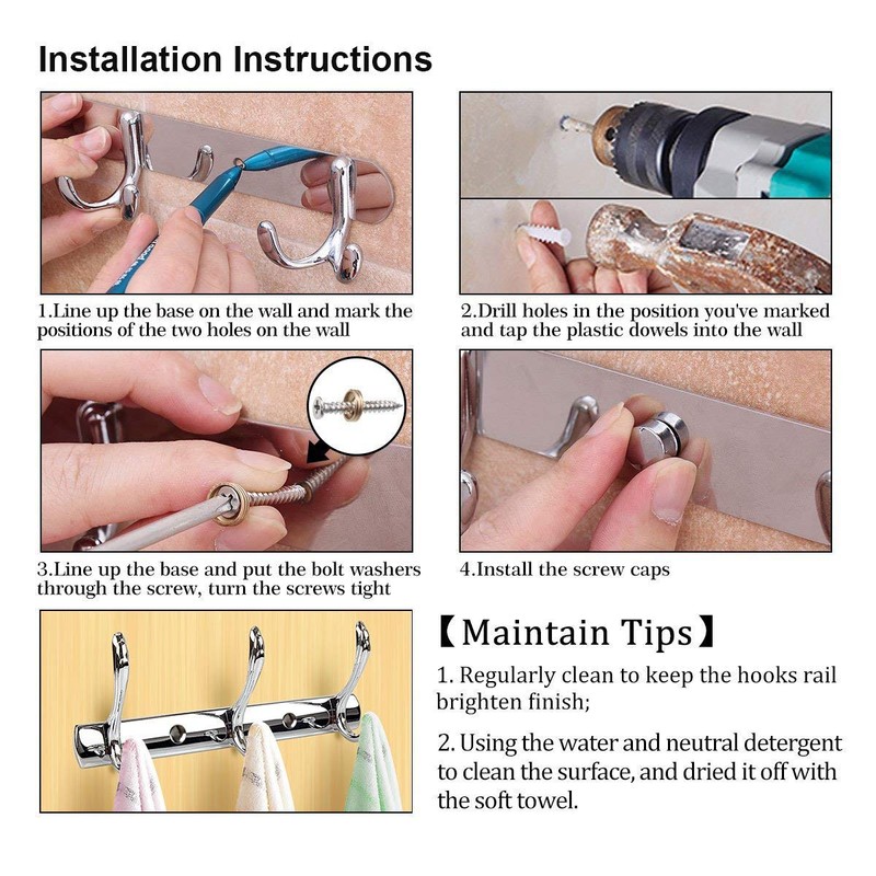 ASelected Stainless Steel Wall Mounted 3 Double Hook Hanger Rail