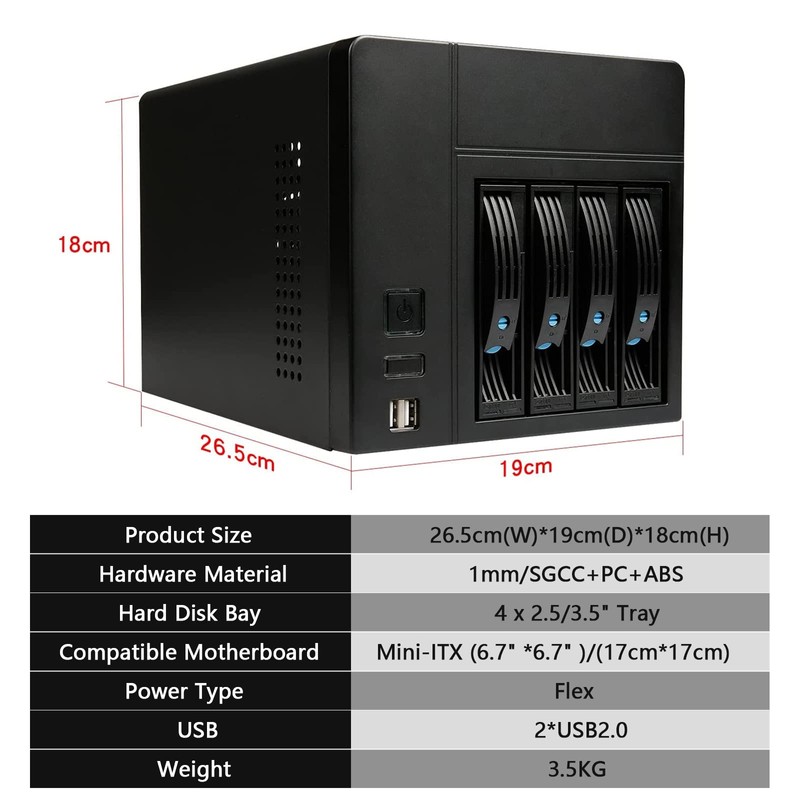 AUDHEID Mini-ITX NAS PC K3 Chassis, 4 Bay DIY Computer