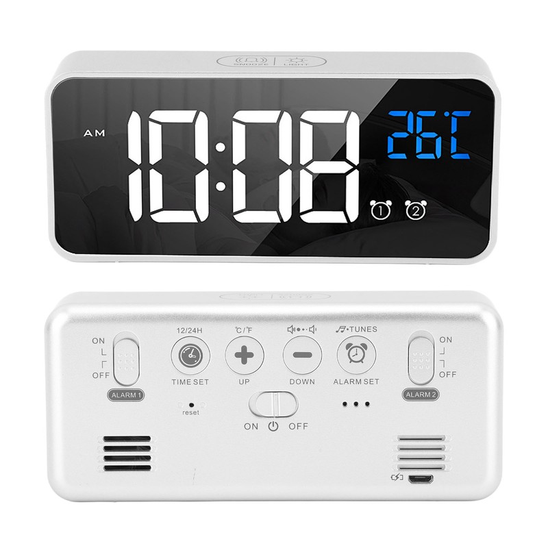 Mirror LED Alarm Clock Two Sets of Alarm Rechargeable Voice