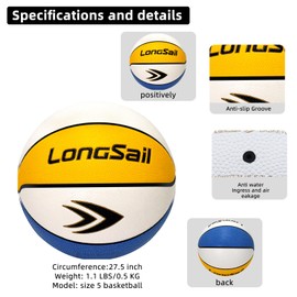 Longsail Youth Adults Size 5 Basketball, 27.5" Composite Leather Basketballs with Pump for Indoor Outdoor, Beach and Pool Water Basketball