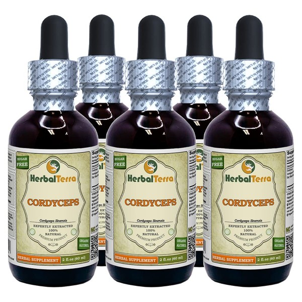 Cordyceps (Cordyceps Sinensis) Tincture, Organic Dried Mushroom Powder Liquid Extract (Brand Name: HerbalTerra, Proudly Made in USA) 5x2 fl.oz (5x60 ml)