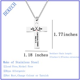 BEKECH Sports Athletes Necklace Christian Faith I Can Do All Things Phil 4:13 Football Basketball Hockey Heartbeat Cross Pendant Necklace Jewelry for Player Sport Fan Coaches (hockey silver)
