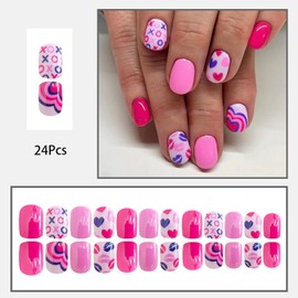 Valentines Press on Nails Short Square Fake Nails with XO Lips Heart Designs Pink Glue on Nails Cute Nails Press ons Pink Heart Full Cover Stick on Nails Artificial False Nails for Women Girls 24Pcs