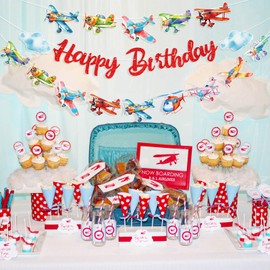 Airplane Party Banners 3Pcs Happy Birthday Banners Helicopter Cutout Garland Banners for Boy Girls Theme Baby Shower Birthday Party Supplies