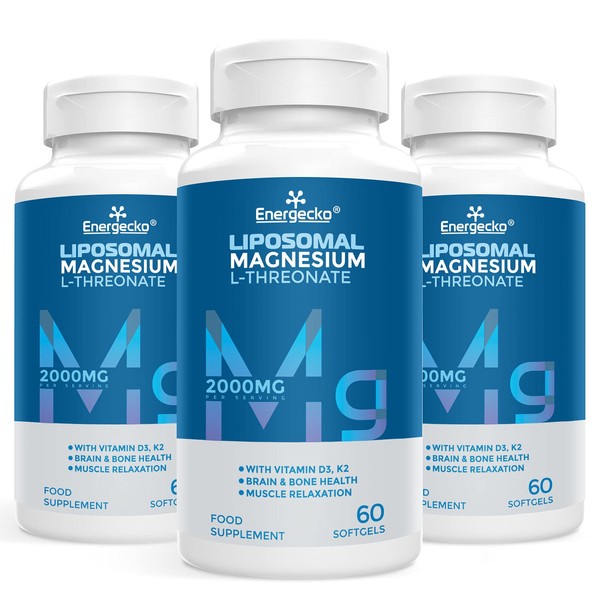 Enerrgecko Liposomal Magnesium L-Threonate Softgels 2000mg - Magnesium Supplement with Vitamin D3 & K2 - Support Brain & Bone Health & Muscle Relaxation - Non-GMO, Gluten-Free 60 Softgels