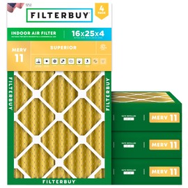 Filterbuy 16x25x4 Air Filter MERV 11 Superior Pet & Allergy Defense (4-Pack), Electrostatic Pleated HVAC AC Furnace Filters Replacement, Made in USA (Actual Size: 15.50 x 24.50 x 3.63)