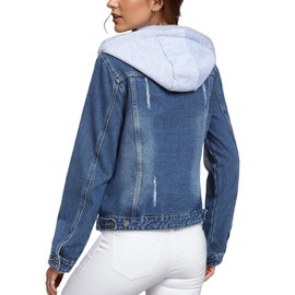 MISS MOLY Women's Detachable Hoodie Denim Jackets Button Down Causal Jean Jacket Coat Blue L