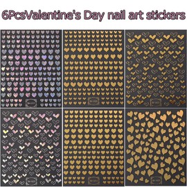 6 Sheets 3D Metallic Heart Nail Art Stickers Self-Adhesive Valentine's Day Nail Stickers Gold Silver Design Heart Charms for Acrylic Nails Tips Love Nail Decals for Women Valentines Nails Decoration