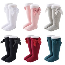 FedMois 6 Pairs Baby Girls Knee High Long Socks with Bow Cotton Knitted Stocking, 0-1 Year