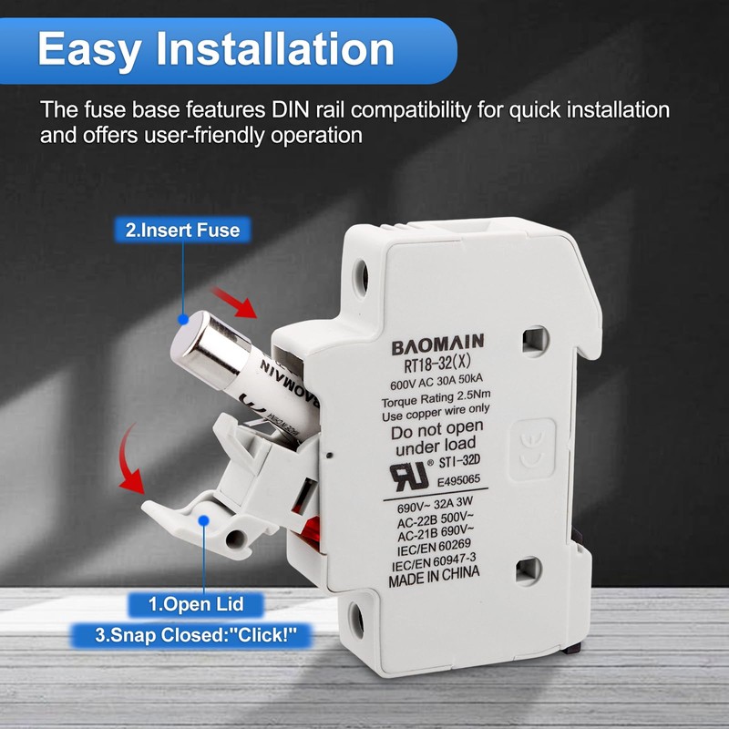 Baomain RT18-32 Fuse Holder Base with 10x1A Ceramic Fuses (10x38mm)
