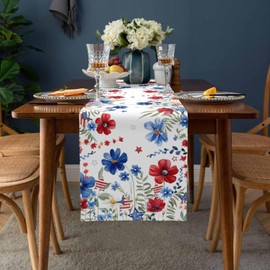 Red Blue Flowers Leaves Star Table Runner 13x72inch Independence Day Waterproof Table Cloth Holiday Kitchen Dining Table Decorations for Indoor Outdoor Home Party Coffee