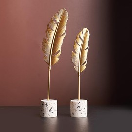 Marimor 2pcs Sculptures Decorative Modern Ornament with Base Stone Statue. Suclptures Modern Creative Home Decoration Golden Ginkgo Gifts for Family Office Bedroom Bookcase Model F