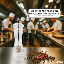 IPEA Macinapepe Manuale Trasparente per Pepe, Peperoncino e Sale - Altezza - Piccolo Macina Pepe Classico da Cucina con Smerigliatrice in Metallo per Macinare Spezie, Cumino, Sesamo