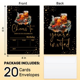LETUROIA Cheers To! Birthday Invitation Cards, Black Gold Birthday Party Invitations For Adults, Birthday Party Favors Decorations Supplies, Invitations With Envelopes Double-Sided 20 Cards -11