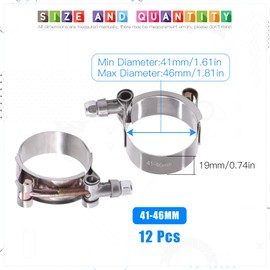 Glarks 12Pcs 41-46mm Stainless Steel T-Bolt Hose Clamps Turbo Intake Soft Hose Intercooler Clamps
