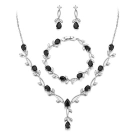 EVER FAITH Prom Party Jewelry Set for Bride Bridesmaid, Black Teardrop Cubic Zirconia Leaf Vine Bridal Necklace Dangle Earrings Bracelet for Women