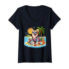 Womens Corgi Sunglasses On Beach Costume Summer Vacation Traveling V-Neck T-Shirt