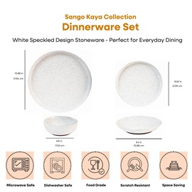 Sango 16-Piece Boho Farmhouse Stoneware Dinnerware Set for 4, Semi-Matte White Plates and Bowls Sets with Rustic Speckled Glaze, Ceramic Dish Set, Modern Dishes, Microwave & Dishwasher Safe, Kaya