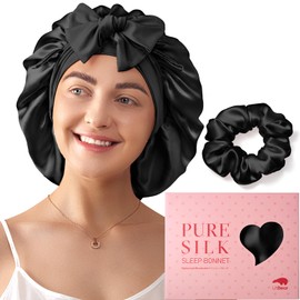 LitBear 100% Mulberry Silk Bonnet for Sleeping Women, 6A 22 Momme, Large Double-Layer Silk Hair Wrap with Tie Band, Non-Slip Turban, Includes Silk Scrunchie