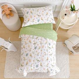 Joyreap 4 Piece Cotton Toddler Bedding Set for Girls, Flowers n Leaves Green Design, Soft Breathable Cotton Toddler Comforter Set, Includes Quilted Comforter, Fitted Sheet, Top Sheet, and Pillow Case