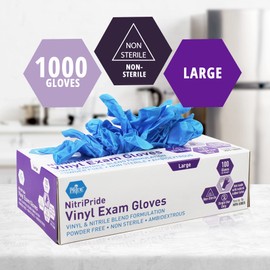 MED PRIDE MED PRIDE NitriPride Nitrile-Vinyl Blend Exam Gloves, Large 1000 - Powder Free, Latex Free & Rubber Free - Single Use Non-Sterile Protective Gloves for Medical Use, Cooking, Cleaning & More