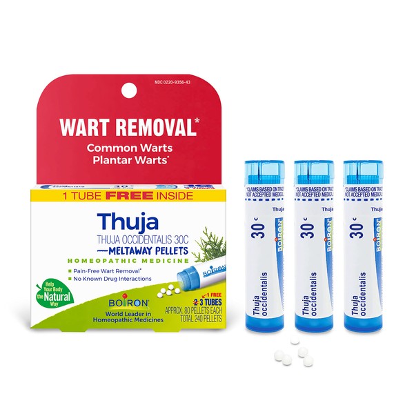 Boiron Thuja Occidentalis 30C Wart Removal Homeopathic Medicine for Painless Removal of Warts from Plantar (Feet), Hands, and Other Bodily Warts -80 Count (Pack of 3)