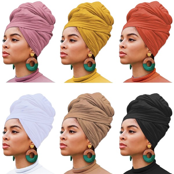 XTREND 6 Pieces Turban Stretch Jersey Head Wrap Fashion Headband Long Shawl Scarf Solid Color Soft Urban Breathable Headwrap for Women (Black, Camel, White, Orange, Pink, Turmeric)