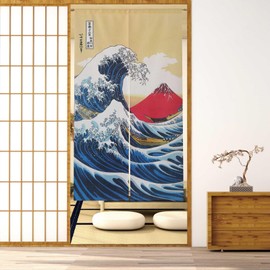 Vtrbwze Noren Japanese Doorway Curtain Tapestry Decorations Room Divider Curtain Privacy Anime Curtains (The Great Wave Off Kanagawa + Red Fuji, 33.5" W x 59" L)