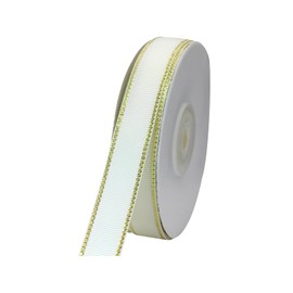 JESEP YONG 5/8 inch Off-White Grosgrain Ribbon with Golden Weft Edges-20 Yards Craft Gift Wrapping Ribbon Roll for Bows-Christmas Home Decor-Wedding-Party Decoration (JS272)