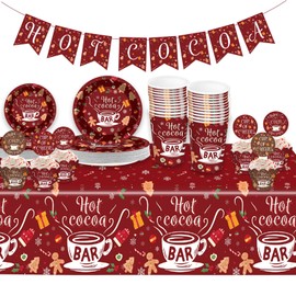 Akide Hot Cocoa Bar Party Decorations Tableware Set, Hot Cocoa Banner,Plates Cups, Tablecloth for Christmas Party New Year Party Baby It's Cold Outside Party Supplies