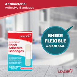 Leader Sterile Sheer Adhesive Bandages, Latex Free, Blends with Skin, Helps Prevent Infection, Comfortable Protection for First Aid and Wound Care (3/4" x 3", 80 Count)