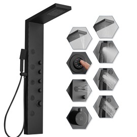 BWE Rainfall Waterfall Shower Tower Panel System 5 Massage Body Jets and 3-Function Handheld Shower Head Stainless Steel Bathroom Shower Panel System Wall-Mounted,Matte Black