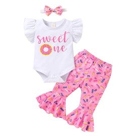 Baby Girl 1st Birthday Outfits Sweet One Romper Top Flared Pants Headband Clothes Set 12-18 Months