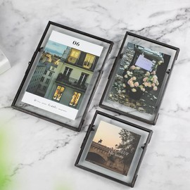 Set of 3 Glass Pressed Flowers Frame, Vintage Gunmetal Gray Floating Picture Frames Collection 4"x4", 4"x6", 5"x7" Metal Tabletop Standing Glass Floating Picture Frame Home Decor Artwork Photo Display