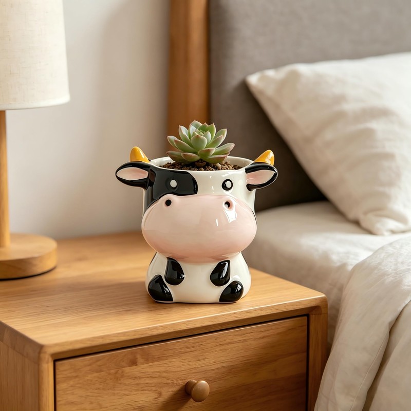 Cute Animal Ceramic Planter Pot, Small Glossy Cartoon Cow Shaped