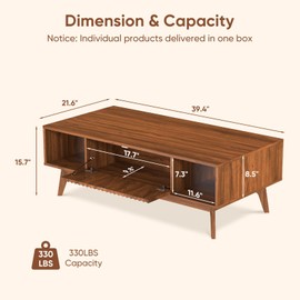 Concho 39.4" Fluted Coffee Table Walnut, Mid-Century Modern Wood Center Table with Storage, 2 Symmetrical Drawers, 2 Open Shelves and Solid Wood Legs, Suitable for Living Room, Office, Apartment