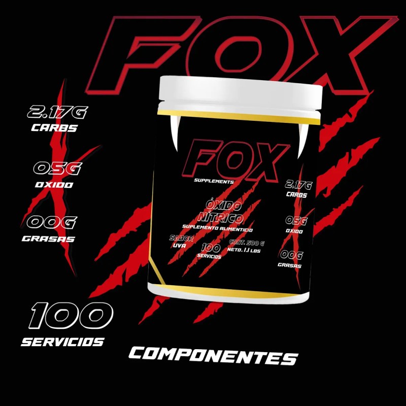 Óxido Nítrico Fox Suplements Pre Entreno 500g 100 Servicios Uva