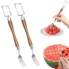 2-in-1 Stainless Steel Fruit Cutter, Multifunctional and Portable Watermelon Cutter Slicer Tool Wooden Handle Double Head Fruit Slicer, Suitable for Kitchen Parties Watermelon Slicer(Larger+Small/1pc)