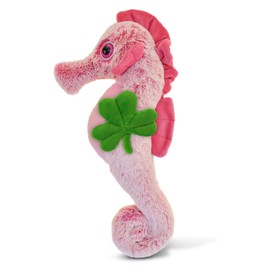DolliBu Pink Seahorse Stuffed Animal with Green Plush Shamrock - Cute Green Shamrock Plush St Patricks Day Stuffed Animal Seahorse, Good Luck St Patricks Day Toys for Kids, Baby - 15 Inches