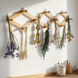 Tnstbiee Rustic Adjustable Hanging Herb Drying Rack-Holds 10 Bouquets, Space-Saving Herb Flower Dryer with Adhesive Wall Hooks for Herb Display Rack,Kitchen Wall Décor-Unusual Gifts for Gardener Woman
