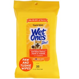 Wet Ones for Pets Paw & Tushie Dog Wipes with Chamomile, Tropical Splash Scent - Cleansing Wipes for Paws and Butt Between Baths with Wet Lock Seal, 30 Count