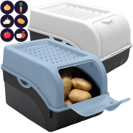 ARTECSIS Potato Storage Box, Dove Blue + White, Set of 2, Vegetable Box, Potato Box with Lid for Approx. 4 kg Potatoes + 6 Stickers with Vegetables