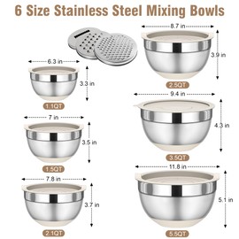 Mixing Bowls with Lids Set, 6PCS Stainless Steel Metal Bowls with 3 Grater Attachments, Measurement Marks & Colorful Non-Slip Bottoms, Size 7, 4, 3, 2, 1.5, 1QT, Great for Mixing & Serving (Khaki)