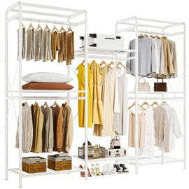 JOISCOPE Wardrobe Closet Organizer, Heavy Duty Clothes Rack, Closet System with 5 Closet Rods & 6 Closet Shelves, Adjustable Clothing Racks for Hanging Clothes & Clothing Storage, 75.2''×67.7'', White