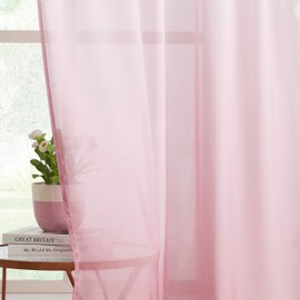 Pink Ombre Chiffon Sheer Curtains 90 Inch Long for Living Room Bedroom Decor, Crinkle Gradient Semi Sheer Grommet Top Window Curtain Drapes for Girls Room, Garden, Yard, Set of 2 Panels