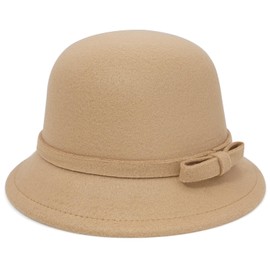 WULIQIUQIU Felt Cloche Hat for Women Bowknot Fedora Bucket Hat 1920s Vintage Bowler Hats Beige