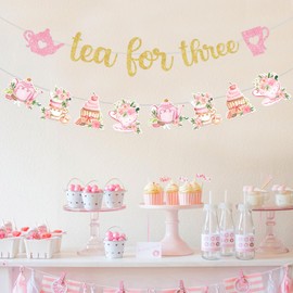 Balterever Tea for Three Decoration Banner Tea Theme Garland Tea for Girl Three Decorations Tea Birthday Decoration for 3rd Tea Time Birthday for Teapot Birthday, Baby Shower, Floral Tea Party Supplies